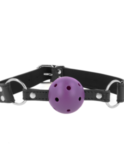 KINK - ATMUNGSAKTIVER BALL 4 CM KNEBEL MIT DOPPELNIET LILA 62,5 x 2,5 CM VERSTELLBAR 42-58 CM